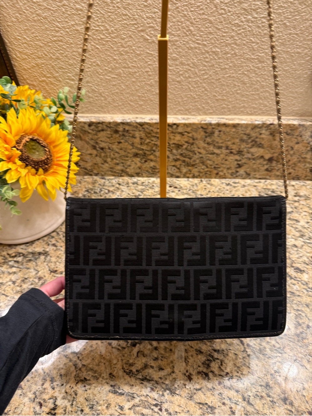 Vintage Fendi Black FF Jacquard Chain Shoulder Bag.